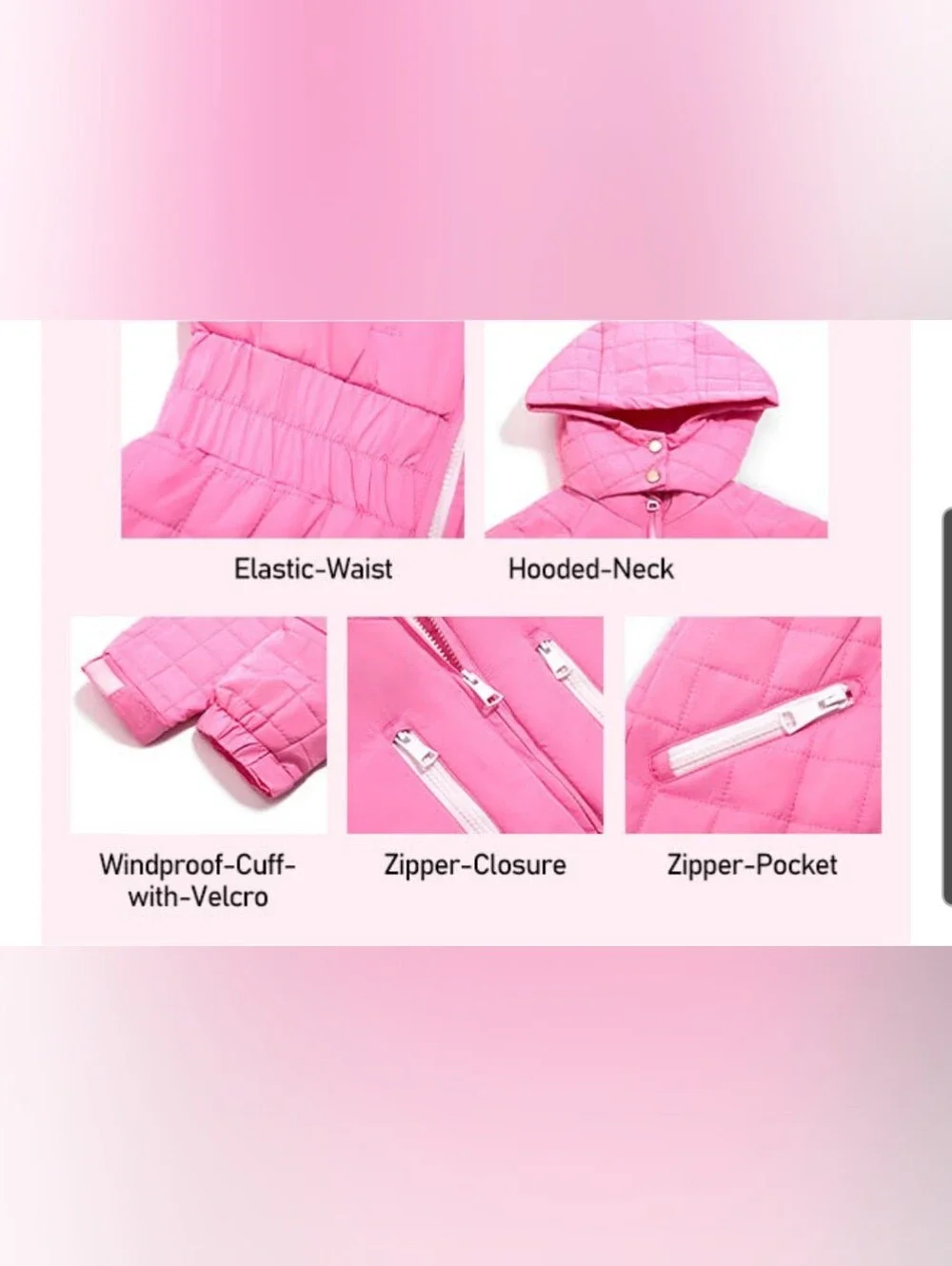 Girls' Pink Quilted Ski Snowsuit Romper with Zipper Pockets 9-10 Year Olds
